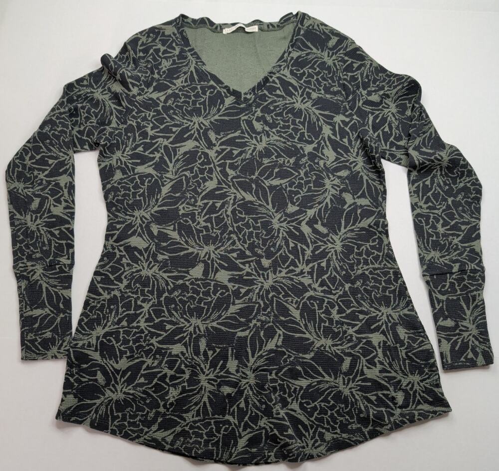 Peruvian Connection Trattoria waffle knit tunic olive floral print Long Slvs XL